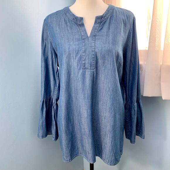 Talbots Chambray Popover Top with Bell Sleeves Size Medium - Picture 1 of 7